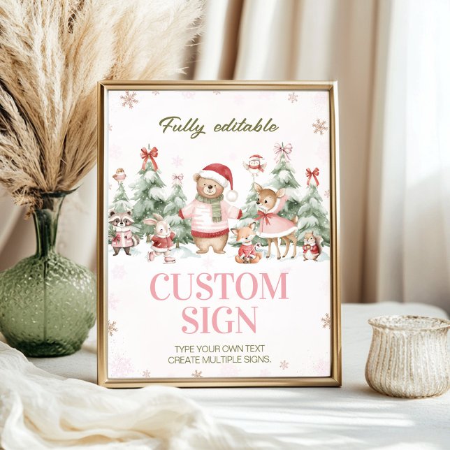 Poster Woodland Animals Pink Winter Birthday Custom Sign (Criador carregado)