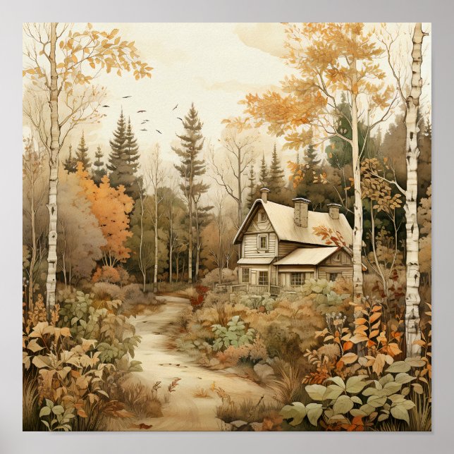 Poster Woodland Art Cozy Cabin Woods Painting (Frente)