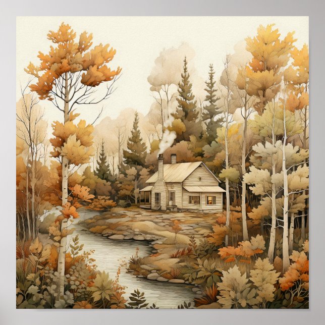 Poster Woodland Art Cozy Cabin Woods Painting (Frente)