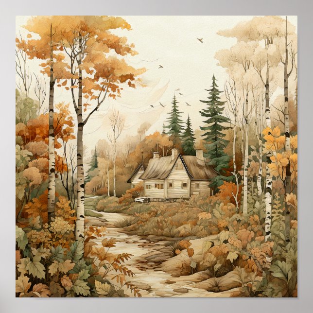 Poster Woodland Art Cozy Cabin Woods Painting (Frente)