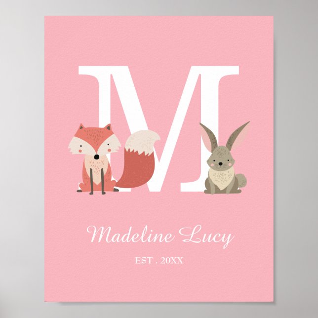 Poster Woodland Baby Initial Monogram Pink Nursery (Frente)