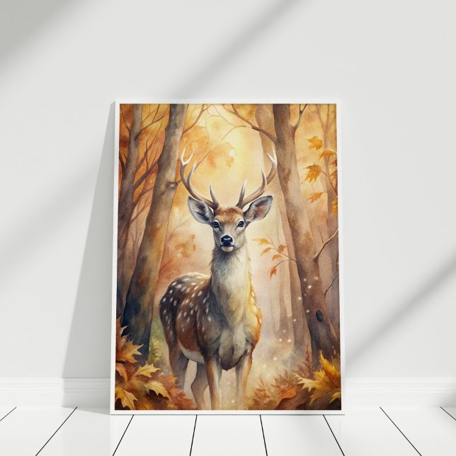 Poster Woodland Deer Autumn - Arte Mural Inspirada Na Nat (Woodland Deer Autumn – Nature-Inspired Wall Art in a white wooden frame)
