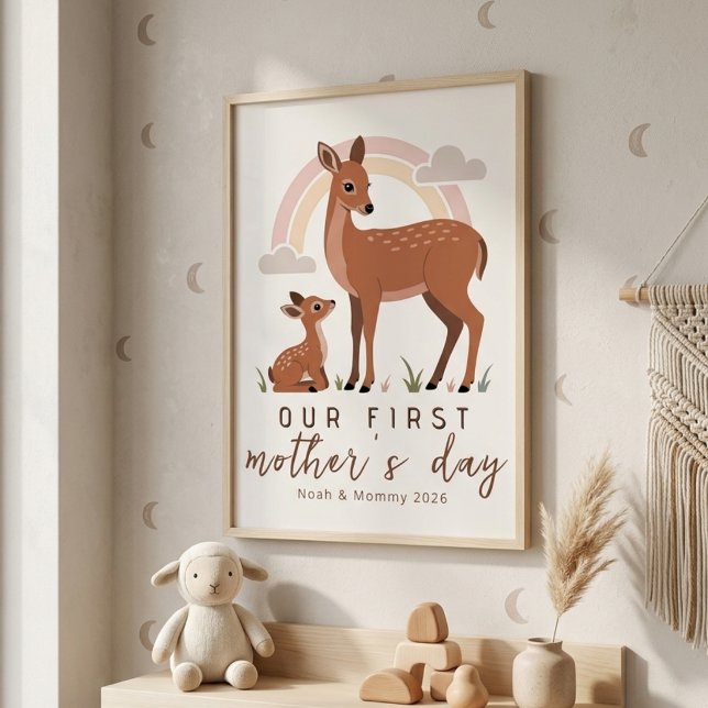 Poster Woodland Deer Mom Baby First Mothers Day Calm Art (Criador carregado)