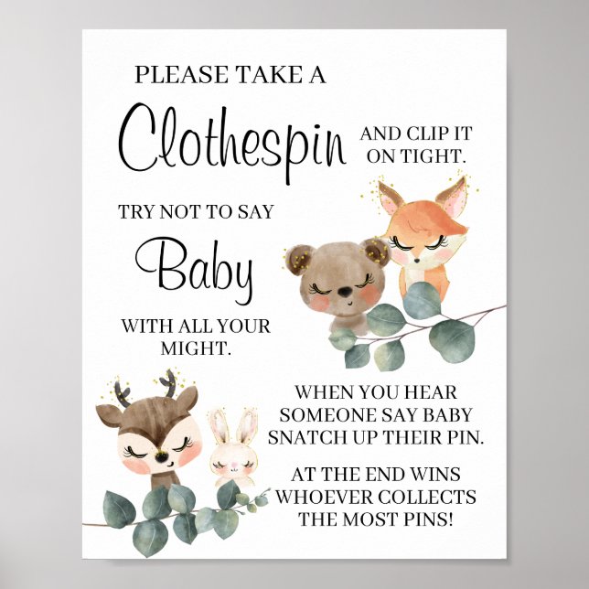 Poster Woodland Don't say baby game baby shower sign (Frente)