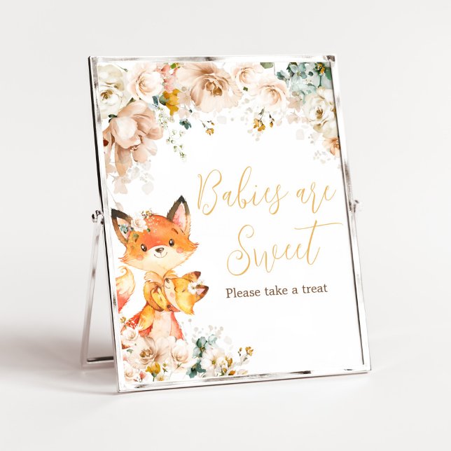 Poster Woodland Floral Fox Chás de fraldas Bebês são doce (Fox Baby Shower Babies are Sweet Sign)