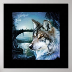 Pôster woodland forest moonlight full moon wolf