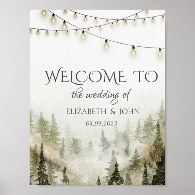 Poster Woodland,Forest,Pine Trees,String Lights Weding (Frente)