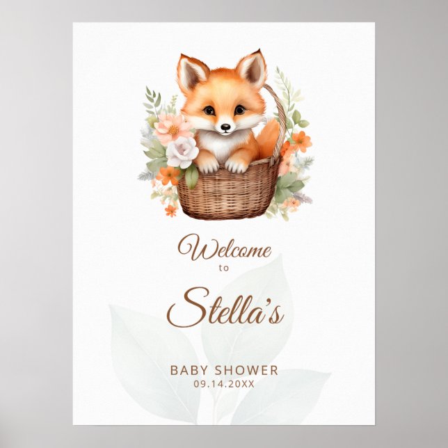 Poster Woodland Fox Florals Baby Shower Welcome Sign (Frente)