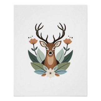 Pôster Woodland Harmony – Boho Deer Botanical Illustratio