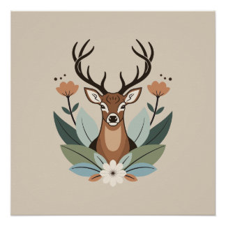 Pôster Woodland Harmony – Boho Deer Botanical Illustratio