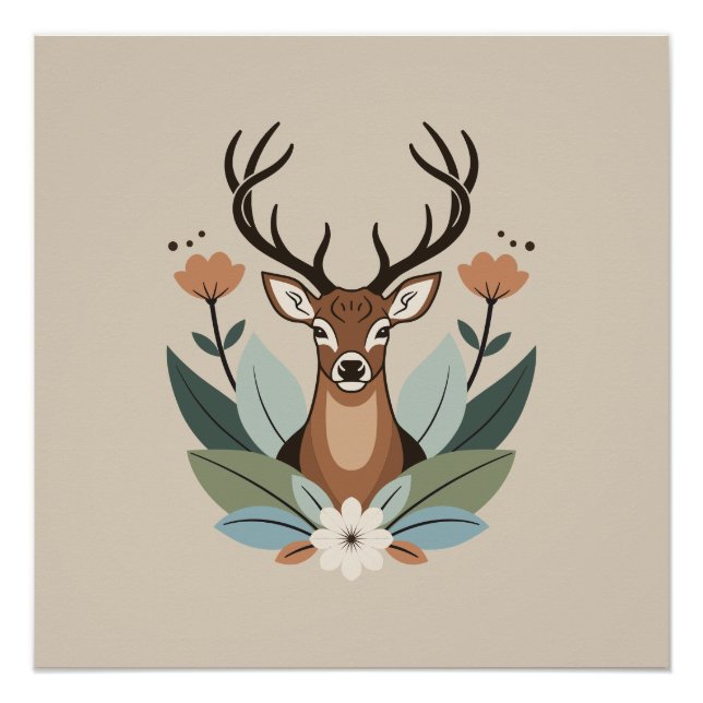 Pôster Woodland Harmony – Boho Deer Botanical Illustratio (Frente)