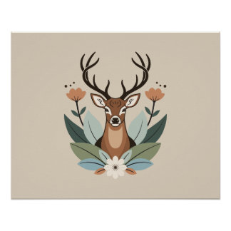 Pôster Woodland Harmony – Boho Deer Botanical Illustratio