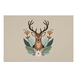 Pôster Woodland Harmony – Boho Deer Botanical Illustratio