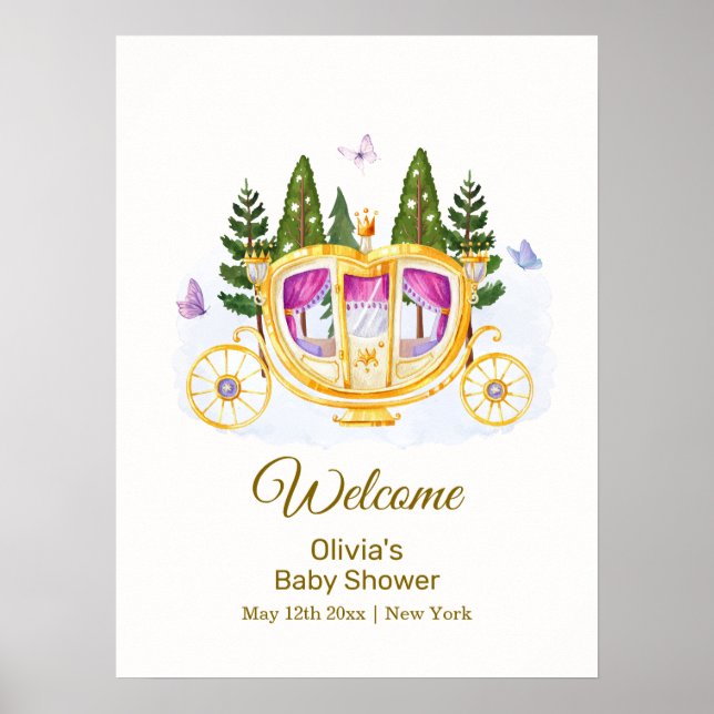 Poster Woodland Princess Carriage Baby Shower Welcome (Frente)