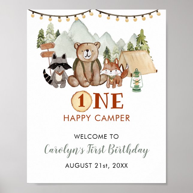 Poster Woodland Um Feliz Camper Primeiro Aniversário Bem- (Frente)