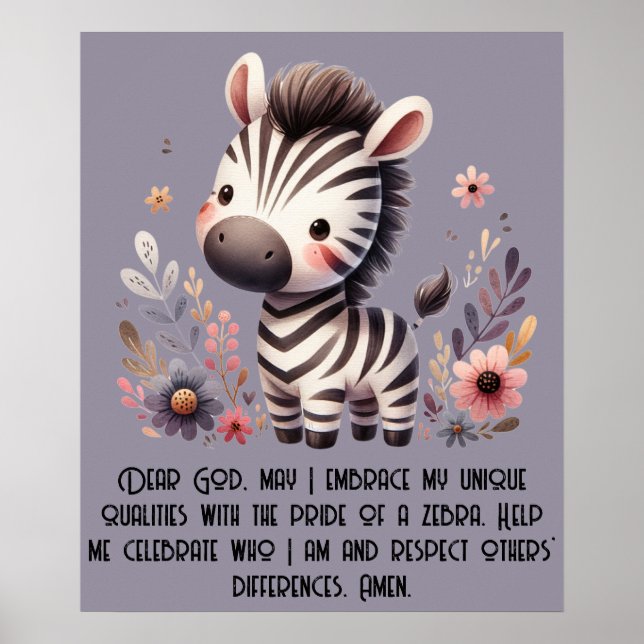Poster Woodland Zebra Kids Oração Cristã em Púrpura | (Frente)