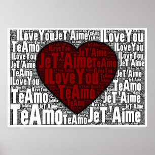 Pôster Word Art: "Eu te amo" 3 línguas - Coração Verme