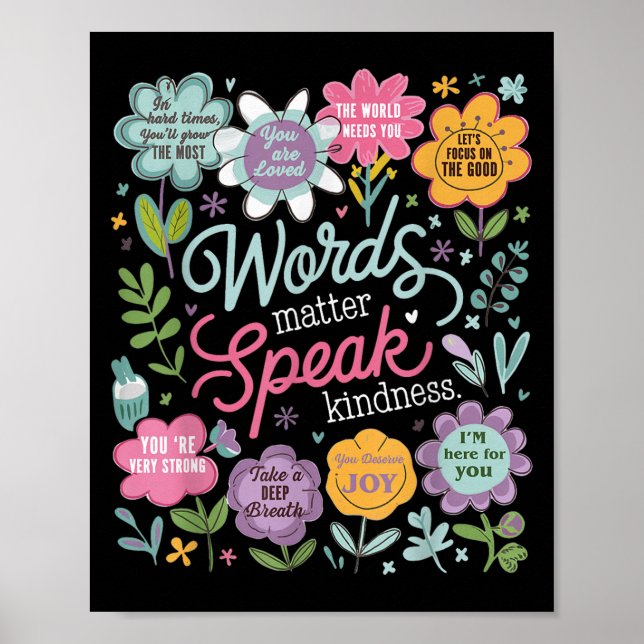 Poster Words Speak Kindness Insrational Floral Sitive  (Frente)