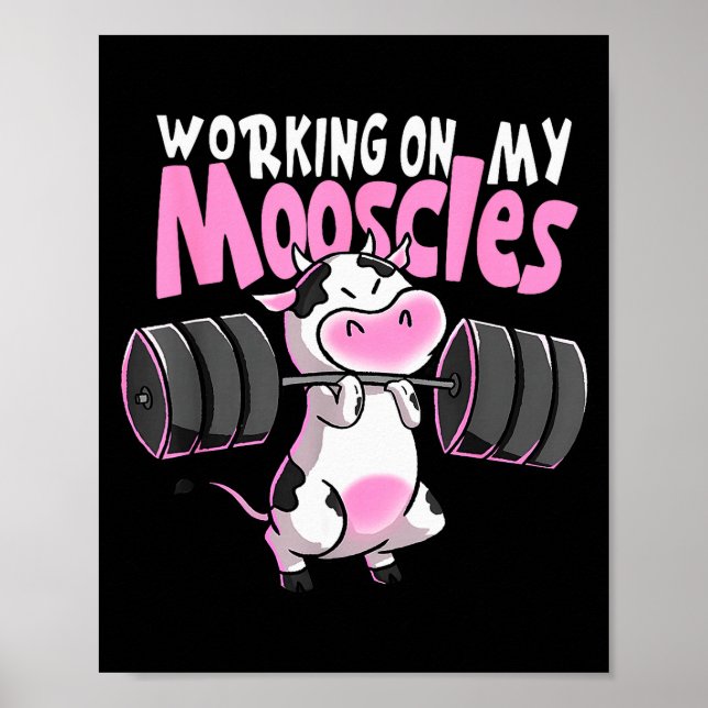 Poster Working On My Mooscles Funny Gym Cow Weightlifting (Frente)