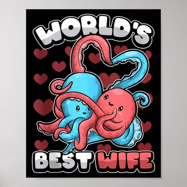Poster World's Wife Cute Kawaii Octopus Heart Cute Couple (Frente)