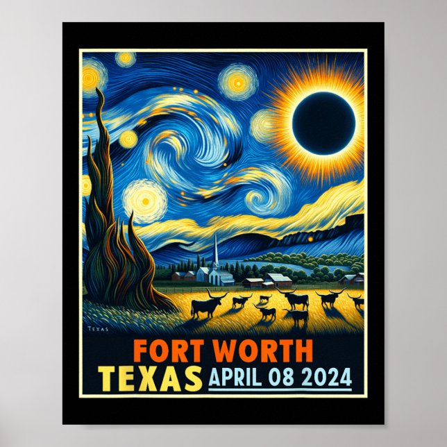 Poster Worth Texas Total Solar Eclipse 2024 Starry Night (Frente)