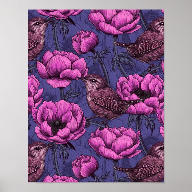 Poster Wrens no jardim de anêmonas (Frente)