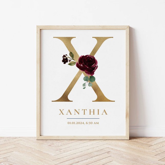 Poster X - Letra Monograma Nome Marsala Floral Nursery (Criador carregado)