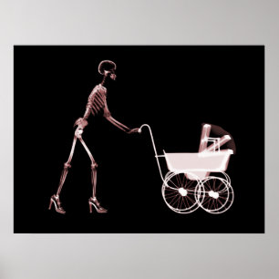 POSTER X-RAY SKELETON WOMAN & BABY CARRIAGE - RED
