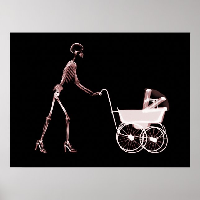 POSTER X-RAY SKELETON WOMAN & BABY CARRIAGE - RED (Frente)