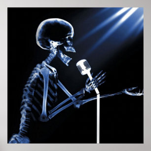 POSTER X-RAY VISION SKELETON SINGING ON RETRO MIC - BLUE