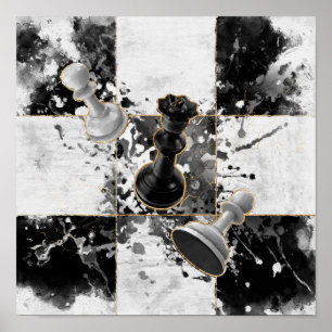 Poster Xadrez abstrato art Watercolor e Dourado