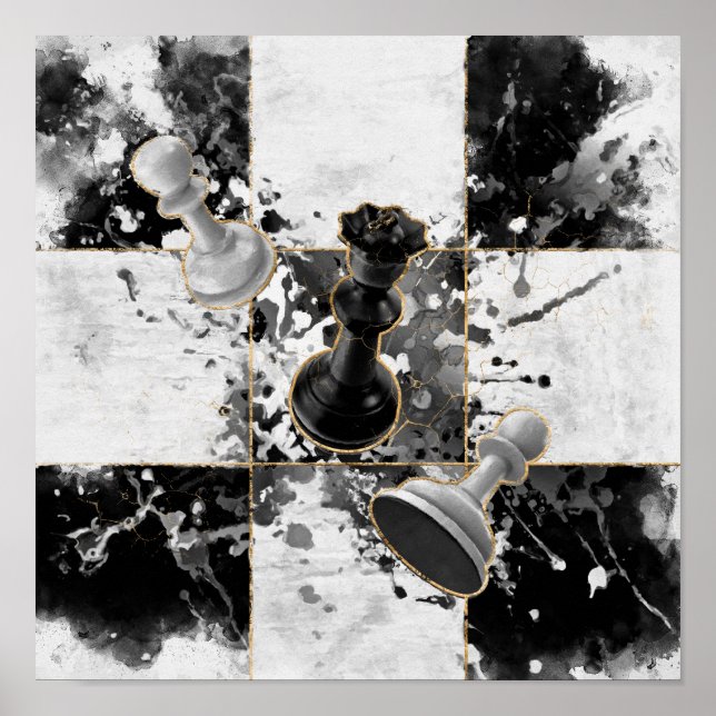 Poster Xadrez abstrato art Watercolor e Dourado (Frente)