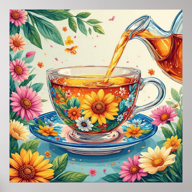 Poster Xícara Colorida de Chá de Ervas Florais (Frente)