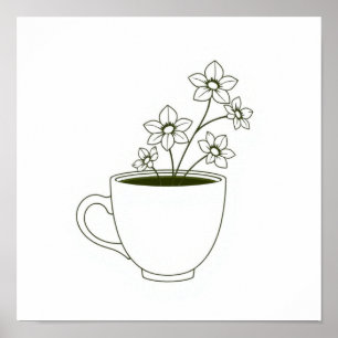 Poster Xícara de Café com Arte de Linha de Vapor Floral