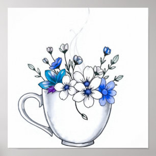 Poster Xícara de Café com Arte de Linha de Vapor Floral
