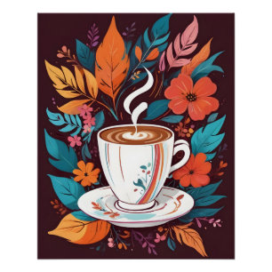 Pôster Xícara de café com Poster de Folhas Coloridas