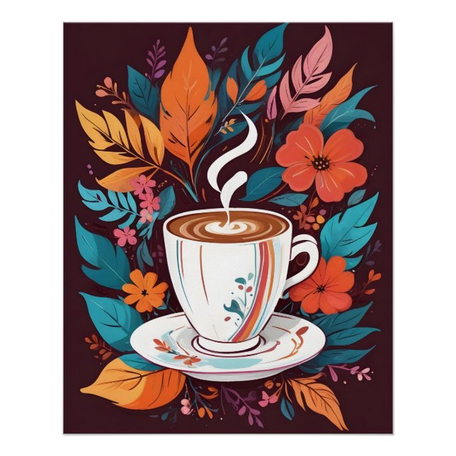 Pôster Xícara de café com Poster de Folhas Coloridas (Frente)