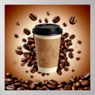 Poster Xícara de café flutuante com grãos de café