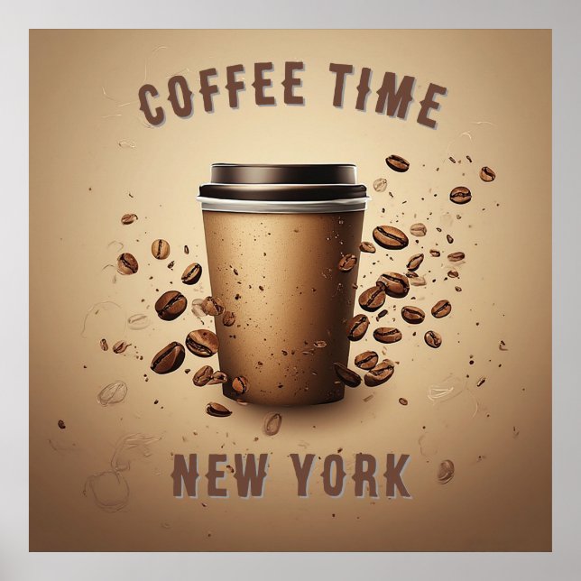 Poster Xícara de café flutuante com grãos de café (Frente)