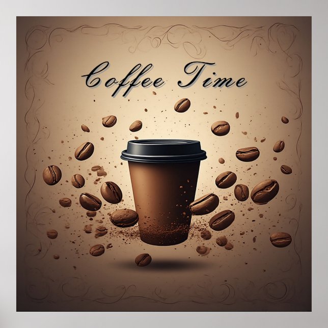 Poster Xícara de café flutuante com grãos de café (Frente)