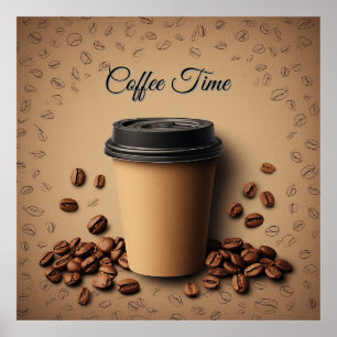 Poster Xícara de Café Flutuante Com Grãos de Café