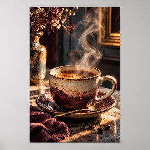Poster Xícara de Café Rústico Fumegante – Café da Manhã A