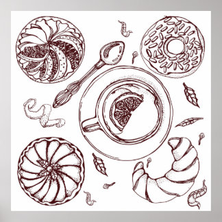 Poster Xícara de chá, pastelaria, croissant, vindima, mão