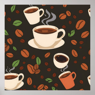 Poster Xícaras de Café Grãos Padrão Matinal