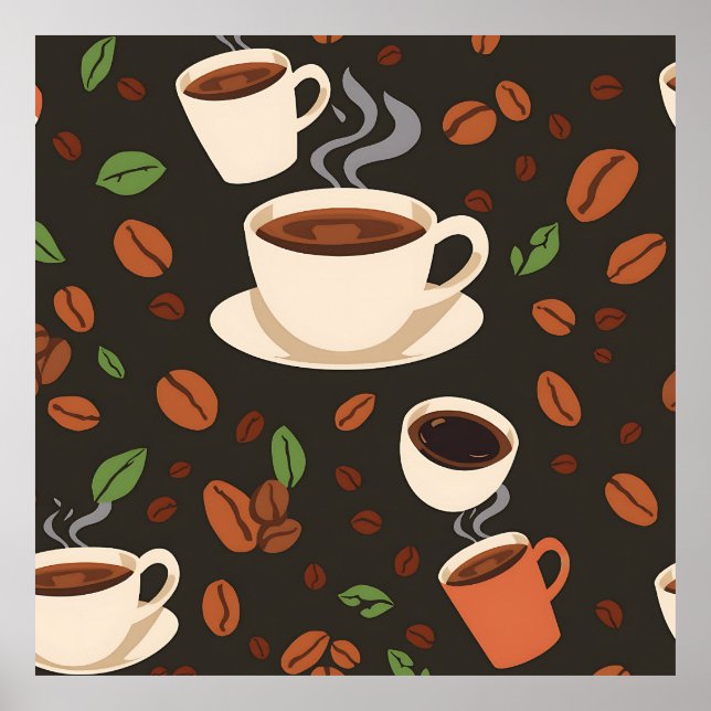 Poster Xícaras de Café Grãos Padrão Matinal (Frente)