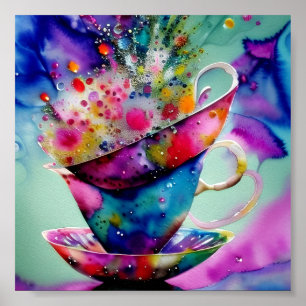 Poster Xícaras de chá com respingos de aquarela
