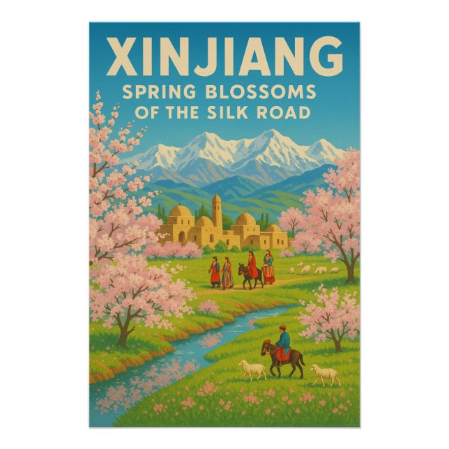 Pôster Xinjiang, China - Primavera Blossomas (Frente)