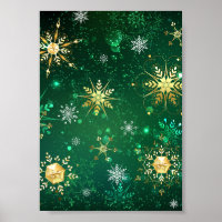 Xmas Golden Snowflakes on Green Background