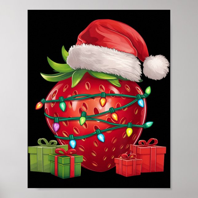 Poster Xmas Lighting Santa Hat Strawberry Christmas T Shi (Frente)
