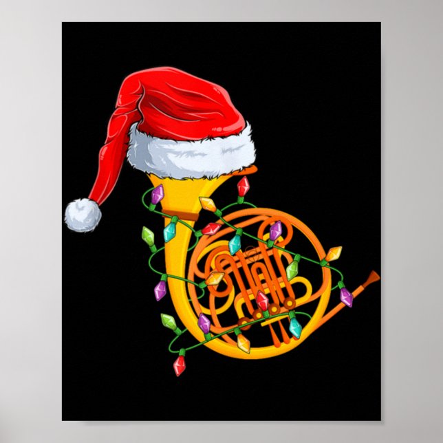 Poster Xmas Lights Santa Hat Musical French Horn Christma (Frente)